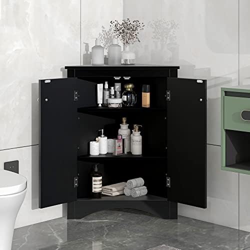 GDFStudio 315 Inch H Triangle Corner Storage Cabinet Black