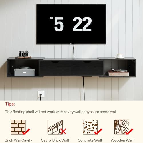 HOOBRO 622 Floating TV Stand with Power Outlet Black