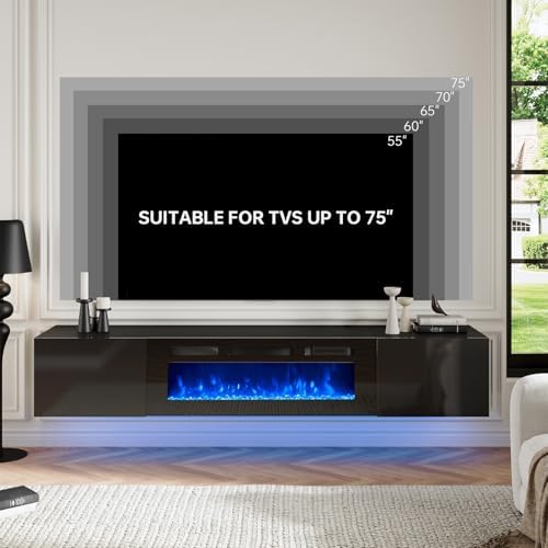 Oneinmil 70 Inch Floating TV Stand with Electric Fireplace