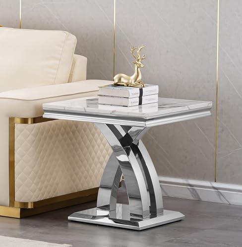 Modern Faux Marble End Table with X-Shaped Stainless Steel Base