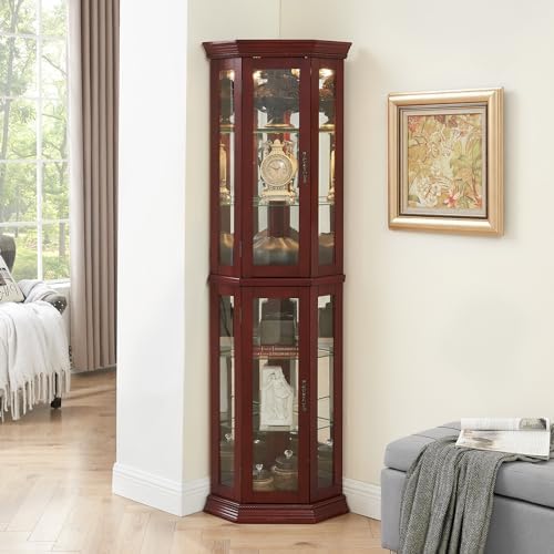 Cherry Lighted Corner Curio Cabinet with Glass Doors and 6 Shelves
