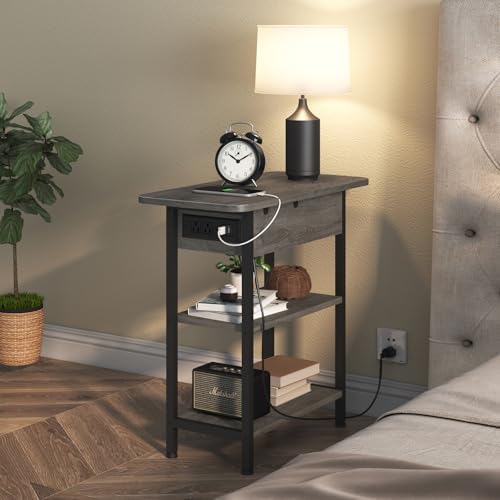 LIDYUK End Table with Charging Station USB Ports and Outlets Flip Top Side Table for Small Spaces Dark Grey