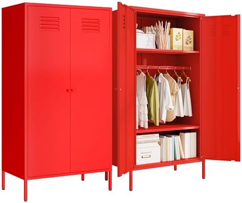 Fumedo Metal Wardrobe Cabinet with Adjustable Shelves and Hanging Rods 2 Door Red