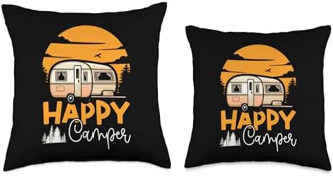 Motorhome Camping Throw Pillow with Happy Camper Design