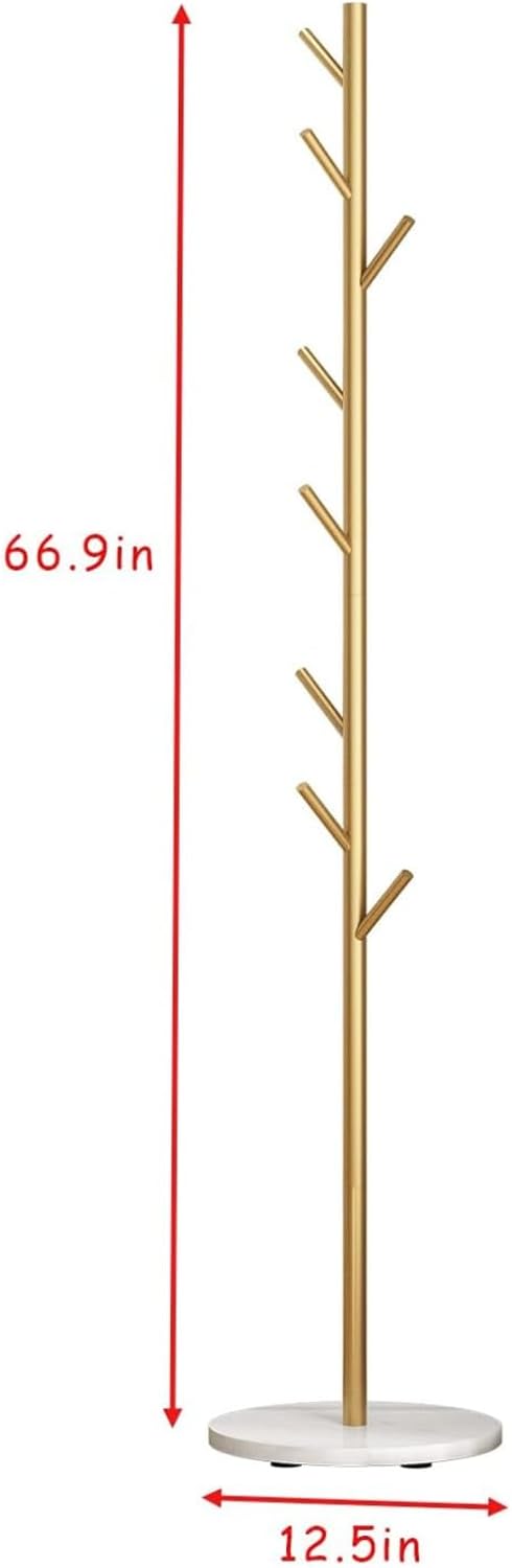 Gold Coat Rack Freestanding with Marble Base and 8 Hooks