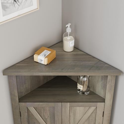 Farmhouse Corner Cabinet with Adjustable Shelves and Doors Grey