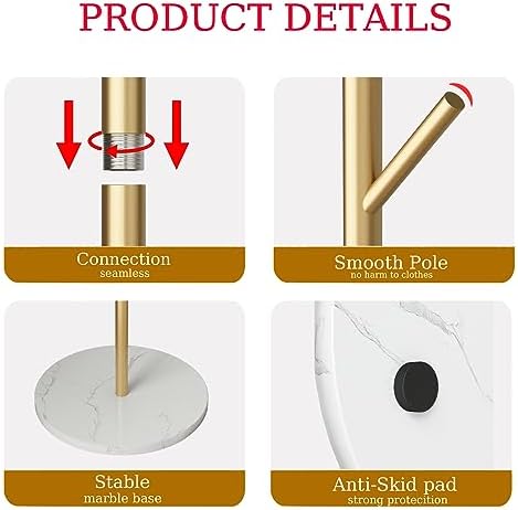 Gold Coat Rack Freestanding with Marble Base and 8 Hooks