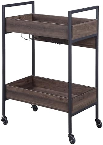 Walnut and Black Serving Cart with Two Shelves and Cup Holder
