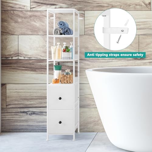 NOVIMANGO White Bathroom Storage Cabinet with 5-Tier Shelves and Fabric Drawers