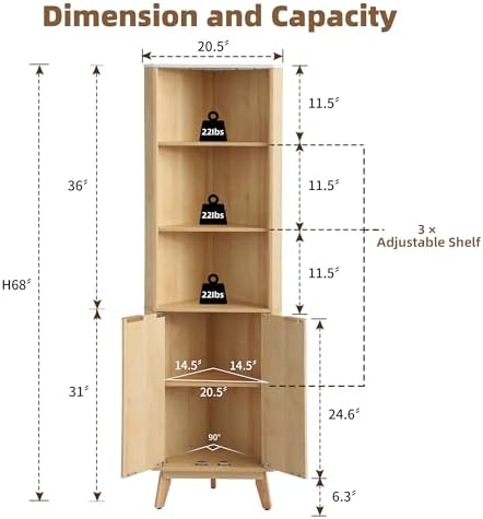 GIODIR 68 Inch Tall Fluted Corner Cabinet