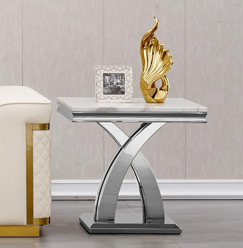 Modern Faux Marble End Table with X-Shaped Stainless Steel Base