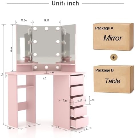Likein Corner Vanity Desk with Mirror and Lights