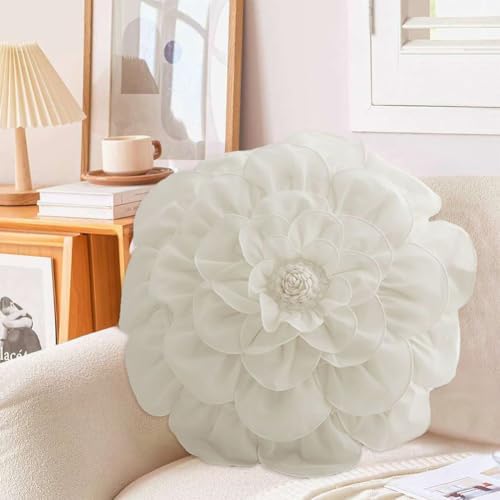 3D Flower Round Pillow with Insert White