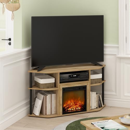 Furinno Jensen Storage Corner TV Stand with Fireplace