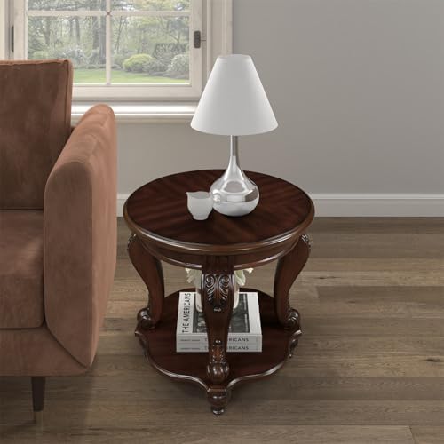 22 Inch Round End Table with Storage Shelf and Cherry Finish