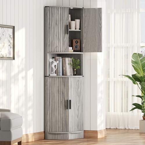 Maupvit 68 Inch Tall Corner Storage Cabinet with 4 Doors and 5 Shelves Rustic Gray