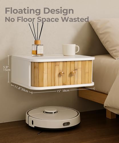 SUMGAR Floating Nightstand White Bedside Table Modern Boho Organizer Small Spaces Wall Mounted Storage with Drawers