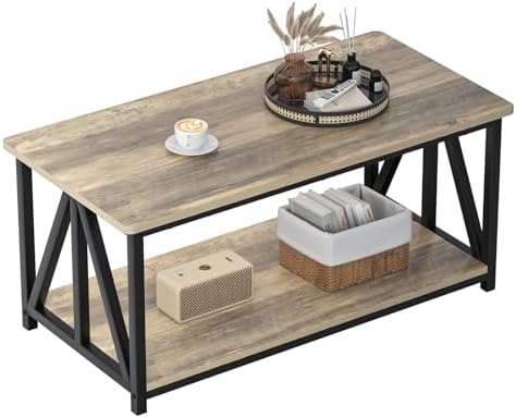 Modern Farmhouse Coffee Table with 2 Tier Storage and Round Edges