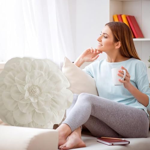3D Flower Round Pillow with Insert White