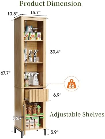 Maupvit 68 Inch Tall Bathroom Storage Cabinet with Doors and Drawer