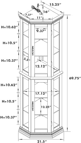 Cherry Lighted Corner Curio Cabinet with Glass Doors and 6 Shelves