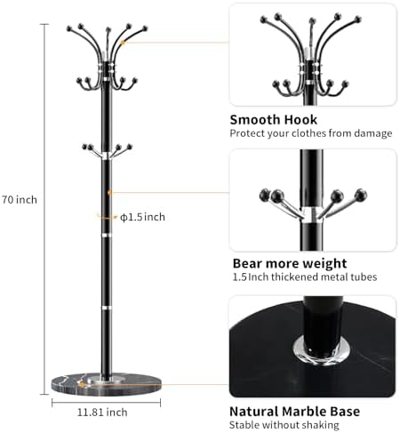 Snaikor Modern Coat Rack with Marble Base Black