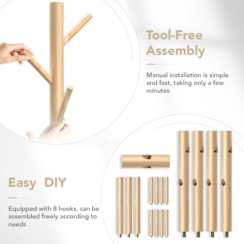 Wooden Coat Rack with 8 Hooks Freestanding