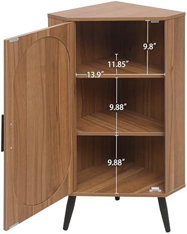 Knocbel Rustic Corner Storage Cabinet with Adjustable Shelves and Rattan Door