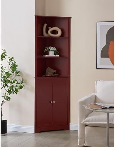 Kings Brand Tall Wooden Corner Cabinet with 2 Doors and 5 Shelves Red