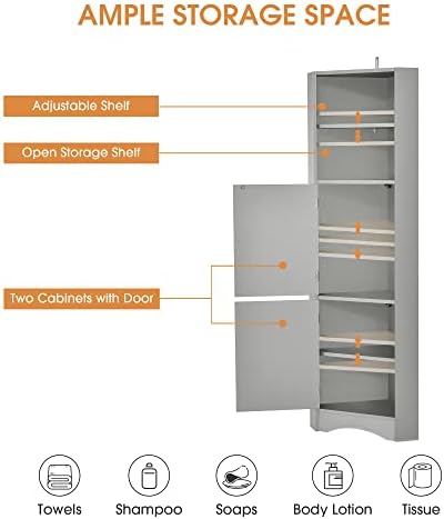 Tall Triangle Bathroom Cabinet with Doors and Adjustable Shelves Grey