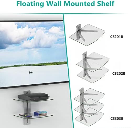 WALI Floating Entertainment Shelves 2-Tier 176lbs Weight Capacity Tempered Glass Silver
