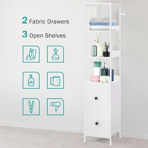 NOVIMANGO White Bathroom Storage Cabinet with 5-Tier Shelves and Fabric Drawers