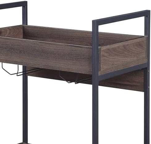 Walnut and Black Serving Cart with Two Shelves and Cup Holder