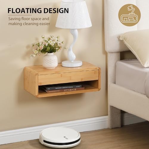 Bamboo Floating Nightstand with Storage Drawer