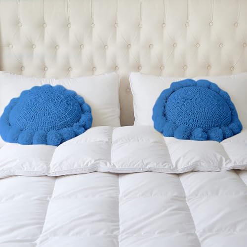 Boho Round Throw Pillow with Pom Poms Tassels 18 Inch Blue