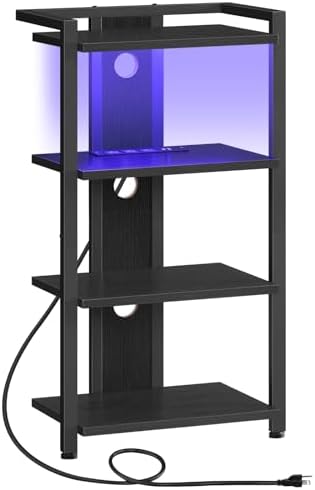 HOOBRO 4-Tier AV Media Console with LED Light and Charging Station Black