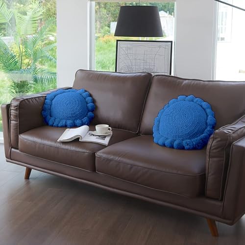 Boho Round Throw Pillow with Pom Poms Tassels 18 Inch Blue