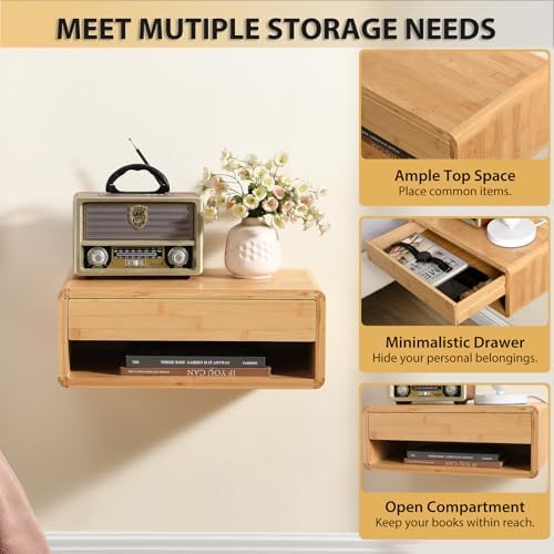 Bamboo Floating Nightstand with Storage Drawer