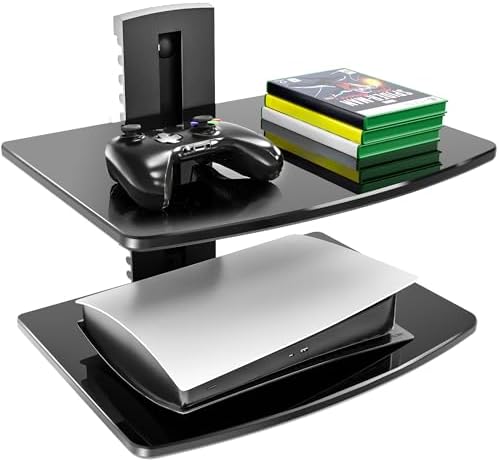 FITUEYES 2 Tiers Floating Wall Shelf for TV and Media Setup Black