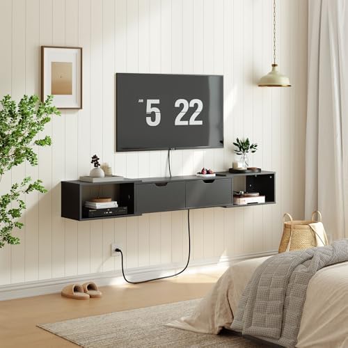 HOOBRO 622 Floating TV Stand with Power Outlet Black