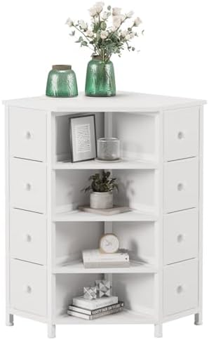 LUMTOK 8 Drawer Corner Dresser with Fabric and Open Shelves White