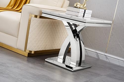 Modern Faux Marble End Table with X-Shaped Stainless Steel Base