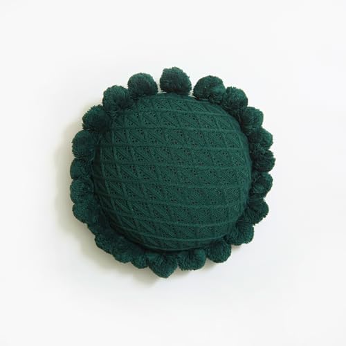 Acrylic Knitted Throw Pillow with Pom Poms Dark Green 18 Inches Diameter