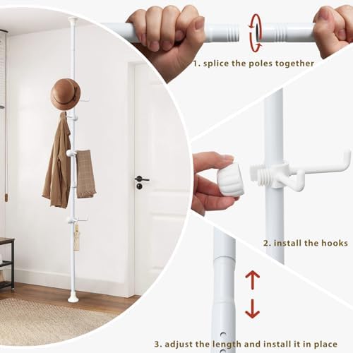 Freestanding Coat Rack with 12 Hooks and Adjustable Tension Rod White