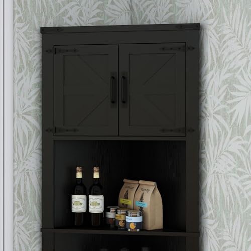 Panana Tall Corner Cabinet with Barn Doors and Adjustable Shelves Black
