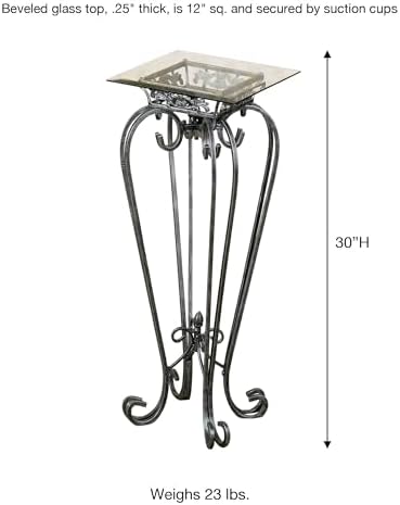Touch of Class Chalcedony Metal Scroll Pedestal Table - Beveled Glass - Antique Pewter - Square Top - Elegant Accent