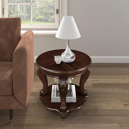 22 Round Wood End Table with 2-Tier Storage