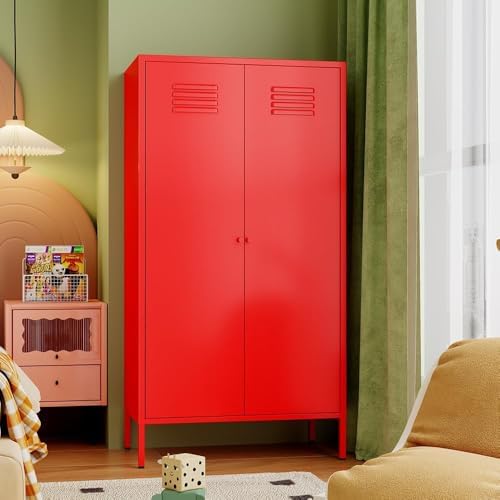 Fumedo Metal Wardrobe Cabinet with Adjustable Shelves and Hanging Rods 2 Door Red