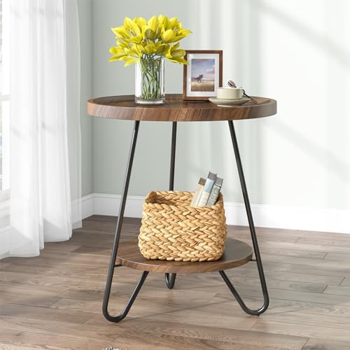 Tribesigns Round Side Table with Metal Legs 2-Tier End Table Modern Industrial Brown