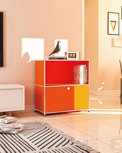 325 Inch Flip Top Side Table with Detachable Wheels and Storage - Modern Orange Bedroom Furniture